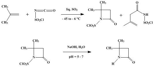 Reaction equation for β-ISOVALEROLACTAM-N-SULFONYL CHLORIDE AND β-ISOVALEROLACTAM (2-Azetidinone-4,4-dimethyl-1-sulfonyl chloride and 2-azetidinone-4,4-dimethyl)