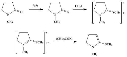 Reaction equation for 2-METHYLMERCAPTO-N-METHYL-Δ2-PYRROLINE (2-Pyrroline, 1-methyl-2-methylthio-)
