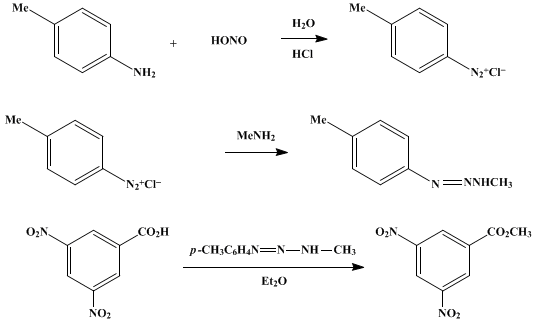 Reaction equation for 1-METHYL-3-p-TOLYLTRIAZENE AND ITS USE IN THE ESTERIFICATION OF ACIDS (Triazene, 1-methyl-3-p-tolyl-)