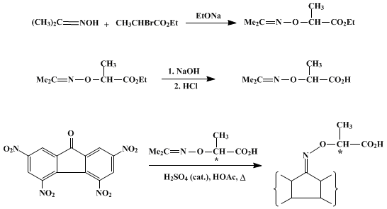 Reaction equation for (+)- AND (−)-α-(2,4,5,7-TETRANITRO-9-FLUORENYLIDENEAMINOOXY)PROPIONIC ACID (Propionic acid, 2-(2,4,5,7-tetranitrofluoren-9-ylideneaminooxy)-, (+)- and (−)-)