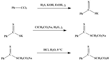Reaction equation for THIOBENZOYLTHIOGLYCOLIC ACID (Benzoic acid, dithio-, carboxymethyl ester)