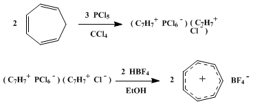 Reaction equation for TROPYLIUM FLUOBORATE (Cycloheptatrienocarbonium fluoborate)