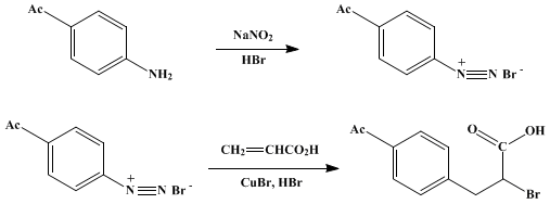 Reaction equation for p-ACETYL-α-BROMOHYDROCINNAMIC ACID (Benzenepropanoic acid, 4-acetyl-α-bromo-)