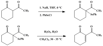 Reaction equation for α,β-DEHYDROGENATION OF β-DICARBONYL COMPOUNDS BY SELENOXIDE ELIMINATION: 2-ACETYL-2-CYCLOHEXEN-1-ONE (2-Cyclohexen-1-one, 2-acetyl-)