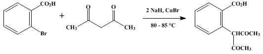 Reaction equation for COPPER CATALYZED ARYLATION OF β-DICARBONYL COMPOUNDS: 2-(1-ACETYL-2-OXOPROPYL)BENZOIC ACID (Benzoic acid, 2-(1-acetyl-2-oxopropyl)-)