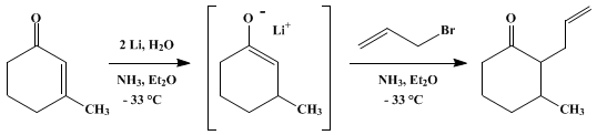 Reaction equation for ENONE REDUCTION-ENOLATE ALKYLATION SEQUENCE: 2-ALLYL-3-METHYLCYCLOHEXANONE (Cyclohexanone, 3-methyl-2-(3-propenyl)-)