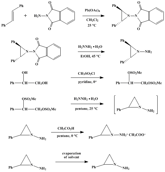 Reaction equation for PREPARATION OF N-AMINOAZIRIDINES: trans-1-AMINO-2,3-DIPHENYLAZIRIDINE, 1-AMINO-2-PHENYLAZIRIDINE, AND 1-AMINO-2-PHENYLAZIRIDINIUM ACETATE (1-Aziridinamine, trans-(±)-2,3-diphenyl-, 1-aziridinamine, (±)-2-phenyl-, and 1-aziridinamine, monoacetate, (±)-2-phenyl-)