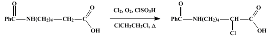 Reaction equation for α-CHLORINATION OF CARBOXYLIC ACIDS MEDIATED BY CHLOROSULFONIC ACID: ε-BENZOYLAMINO-α-CHLOROCAPROIC ACID (Hexanoic acid, 6-benzoylamino-2-chloro-)