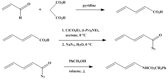 Reaction equation for 1-N-ACYLAMINO-1,3-DIENES FROM 2,4-PENTADIENOIC ACIDS BY THE CURTIUS REARRANGEMENT: BENZYL trans-1,3-BUTADIENE-1-CARBAMATE (Carbamic acid, 1,3-butadienyl-, (E)-, phenylmethyl ester)