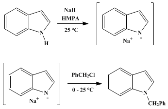 Reaction equation for N-ALKYLINDOLES FROM THE ALKYLATION OF SODIUM INDOLIDE IN HEXAMETHYLPHOSPHORIC TRIAMIDE: 1-BENZYLINDOLE (1H-Indole, 1-(phenylmethyl)-)