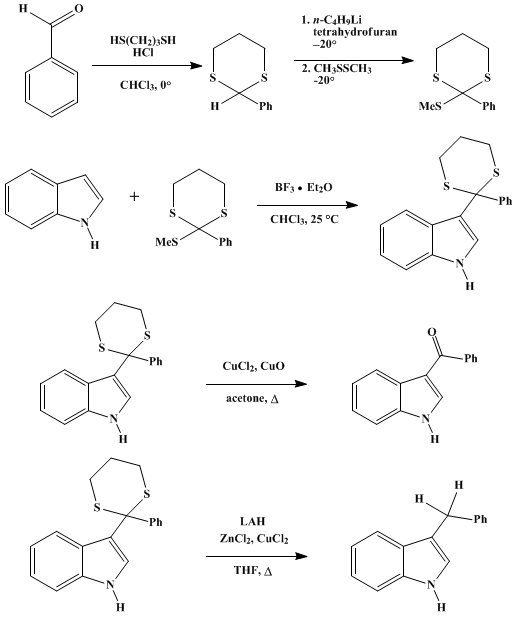 Reaction equation for 3-ALKYLATED AND 3-ACYLATED INDOLES FROM A COMMON PRECURSOR: 3-BENZYLINDOLE AND 3-BENZOYLINDOLE (1H-Indole, 3-(phenylmethyl)- and Methanone, 1H-indole-3-ylphenyl-)