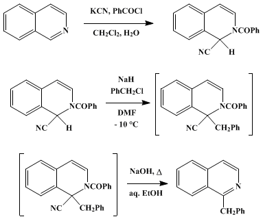 Reaction equation for ALKYLATION OF ISOQUINOLINES via 2-BENZOYL-1,2-DIHYDROISOQUINALDONITRILES: 1-BENZYLISOQUINOLINE (Isoquinoline, 1-(phenylmethyl)-)