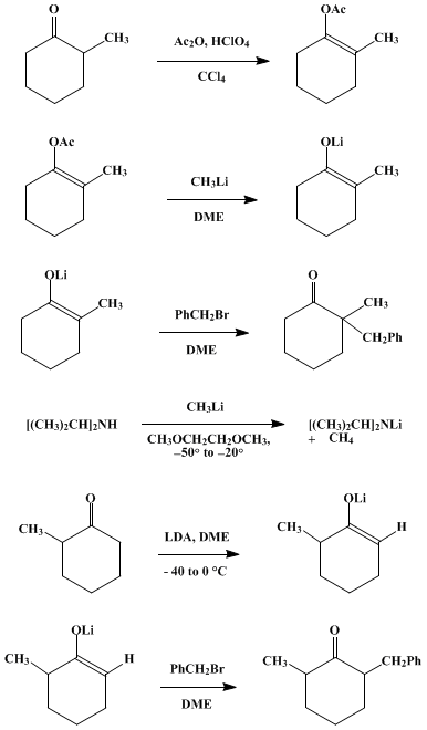 Reaction equation for THE FORMATION AND ALKYLATION OF SPECIFIC ENOLATE ANIONS FROM AN UNSYMMETRICAL KETONE: 2-BENZYL-2-METHYLCYCLOHEXANONE AND 2-BENZYL-6-METHYLCYCLOHEXANONE (Cyclohexanone, 2-methyl-2-(phenylmethyl)- and cyclohexanone, 2-methyl-6-(phenylmethyl)-)