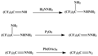 Reaction equation for BIS(TRIFLUOROMETHYL)DIAZOMETHANE (Propane, 2-diazo-1,1,1,3,3,3-hexafluoro-)
