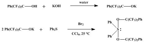 Reaction equation for BIS[2,2,2-TRIFLUORO-1-PHENYL-1-(TRIFLUOROMETHYL) ETHOXY] DIPHENYL SULFURANE (Sulfur, bis[α,α-bis(trifluoromethyl)benzenemethanolato]diphenyl-)