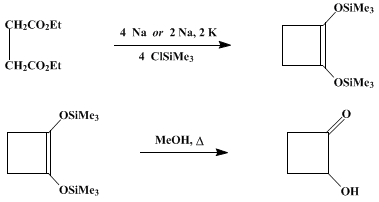 Reaction equation for ACYLOIN CONDENSATION IN WHICH CHLOROTRIMETHYLSILANE IS USED AS A TRAPPING AGENT: 1,2-BIS(TRIMETHYLSILYLOXY)CYCLOBUTENE AND 2-HYDROXYCYCLOBUTANONE (Trimethylsilane, 1-cyclobuten-1,2-ylenedioxybis- and Cyclobutanone, 2-hydroxy-)