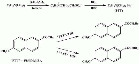 Reaction equation for SELECTIVE α-BROMINATION OF AN ARALKYL KETONE WITH PHENYLTRIMETHYLAMMONIUM TRIBROMIDE: 2-BROMOACETYL-6-METHOXYNAPHTHALENE AND 2,2-DIBROMOACETYL-6-METHOXYNAPHTHALENE (Ethanone, 2-bromo-1-(6-methoxy-2-naphthalenyl)- and Ethanone, 2,2-dibromo-1-(6-methoxy-2-naphthalenyl)-)