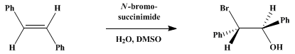 Reaction equation for BROMOHYDRINS FROM ALKENES AND N-BROMOSUCCINIMIDE IN DIMETHYL SULFOXIDE: erythro-2-BROMO-1,2-DIPHENYLETHANOL (Ethanol, 2-bromo-1,2-diphenyl-, erythro-)