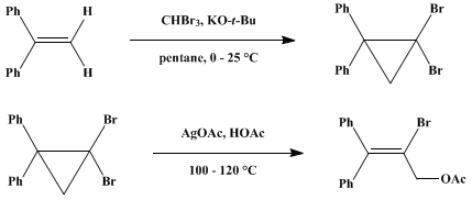 Reaction equation for CHAIN ELONGATION OF ALKENES via gem-DIHALOCYCLOPROPANES: 2-BROMO-3,3-DIPHENYL-2-PROPEN-1-YL ACETATE (2-Propen-1-ol, 2-bromo-3,3-diphenyl-, acetate)