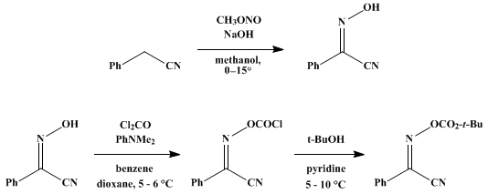 Reaction equation for A NEW REAGENT FOR tert-BUTOXYCARBONYLATION: 2-tert-BUTOXYCARBONYLOXYIMINO-2-PHENYLACETONITRILE (Benzeneacetonitrile, α-[[[(1,1-dimethylethoxy)carbonyl]carbonyl]oxy]imino]-)