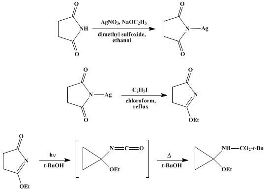 Reaction equation for PHOTOCHEMICAL RING CONTRACTION OF 2-ETHOXYPYRROLIN-5-ONES TO CYCLOPROPANONE DERIVATIVES: tert-BUTYL N-(1-ETHOXYCYCLOPROPYL)CARBAMATE (Carbamic acid, (1-ethoxycyclopropyl)-, 1,1-dimethylethyl ester)