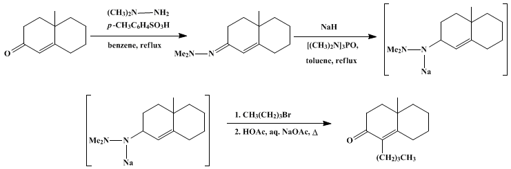 Reaction equation for MONOALKYLATION OF α,β-UNSATURATED KETONES via METALLOENAMINES: 1-BUTYL-10-METHYL-Δ1(9)-2-OCTALONE (2(3H)-Naphthalenone, 1-butyl-4,4a,5,6,7,8-hexahydro-4a-methyl-)