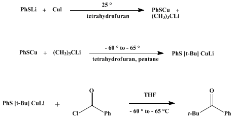 Reaction equation for SECONDARY AND TERTIARY ALKYL KETONES FROM CARBOXYLIC ACID CHLORIDES AND LITHIUM PHENYLTHIO(ALKYL)CUPRATE REAGENTS: tert-BUTYL PHENYL KETONE (1-Propanone, 2,2-dimethyl-1-phenyl)