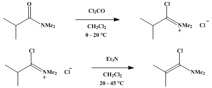 Reaction equation for α-CHLORO ENAMINES, REACTIVE INTERMEDIATES FOR SYNTHESIS: 1-CHLORO-N,N,2-TRIMETHYLPROPENYLAMINE (Propenylamine, 1-chloro-N,N,2-trimethyl-)