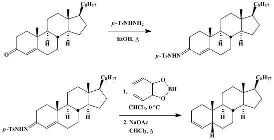 Reaction equation for CONJUGATE REDUCTION OF α,β-UNSATURATED p-TOLUENESULFONYLHYDRAZONES TO ALKENES WITH CATECHOLBORANE: 5β-CHOLEST-3-ENE (Cholest-3-ene, (5β)-)