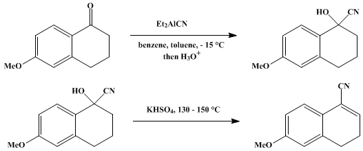 Reaction equation for PREPARATION OF CYANO COMPOUNDS USING ALKYLALUMINUM INTERMEDIATES: 1-CYANO-6-METHOXY-3,4-DIHYDRONAPHTHALENE (Naphthalenecarbonitrille, 3,4-dihydro-6-methoxy-)