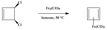 Reaction equation for CYCLOBUTADIENEIRON TRICARBONYL (Iron, tricarbonyl (η4-1,3-cyclobutadiene)-)