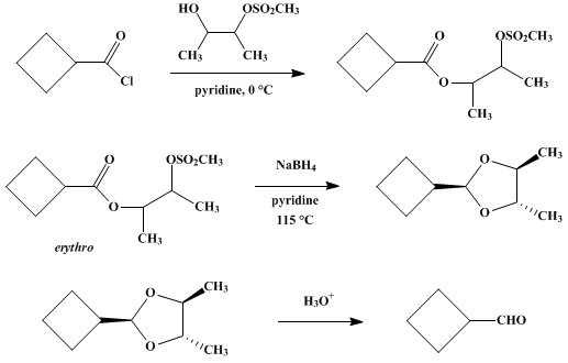 Reaction equation for ALDEHYDES FROM ACID CHLORIDES BY REDUCTION OF ESTER-MESYLATES WITH SODIUM BOROHYDRIDE: CYCLOBUTANECARBOXALDEHYDE