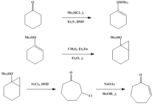 Reaction equation for ONE-CARBON RING EXPANSION OF CYCLOALKANONES TO CONJUGATED CYCLOALKENONES: 2-CYCLOHEPTEN-1-ONE
