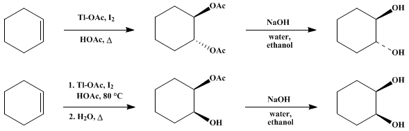 Reaction equation for STEREOSELECTIVE HYDROXYLATION WITH THALLIUM(I) ACETATE AND IODINE: trans- AND cis-1,2-CYCLOHEXANEDIOLS