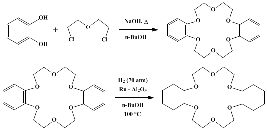 Reaction equation for MACROCYCLIC POLYETHERS: DIBENZO-18-CROWN-6 POLYETHER AND DICYCLOHEXYL-18-CROWN-6 POLYETHER (Dibenzo [b,k] [1,4,7,10,13,16] hexaoxacycloöctadecin, 6,7,9,10,17,18,20,21-octahydro- and dibenzo [b,k] [1,4,7,10,13,16] hexaoxacycloöctadecin, eicosahydro-)