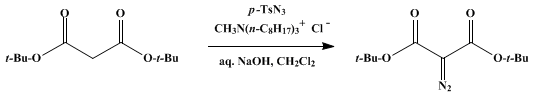 Reaction equation for DIAZO TRANSFER BY MEANS OF PHASE-TRANSFER CATALYSIS: DI-tert-BUTYL DIAZOMALONATE (Propanedioic acid, diazo-, bis(1,1-dimethylethyl) ester)