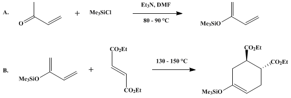 Reaction equation for 2-TRIMETHYLSILYLOXY-1,3-BUTADIENE AS A REACTIVE DIENE: DIETHYL trans-4-TRIMETHYLSILYLOXY-4-CYCLOHEXENE-1,2-DICARBOXYLATE (4-Cyclohexene-1,2-dicarboxylic acid, 4-trimethylsilyloxy-, diethyl ester, trans-)