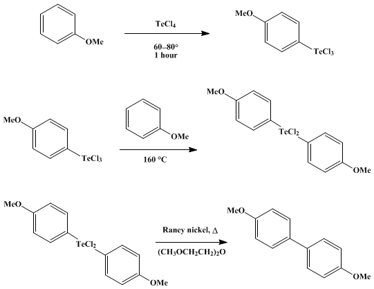 Reaction equation for BIARYLS FROM SIMPLE ARENES via ORGANOTELLURIUM INTERMEDIATES: 4,4'-DIMETHOXY-1,1'-BIPHENYL (1,1'-Biphenyl, 4,4'-dimethoxy-)