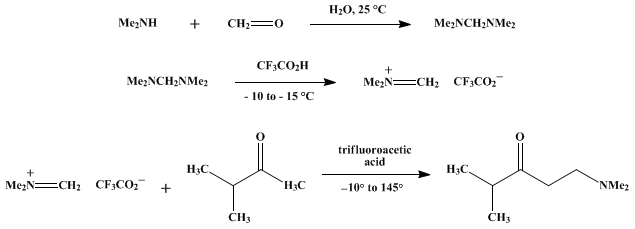 Reaction equation for REGIOSELECTIVE MANNICH CONDENSATION WITH DIMETHYL(METHYLENE)AMMONIUM TRIFLUOROACETATE: 1-(DIMETHYLAMINO)-4-METHYL-3-PENTANONE (3-Pentanone, 1-(dimethylamino)-4-methyl-)