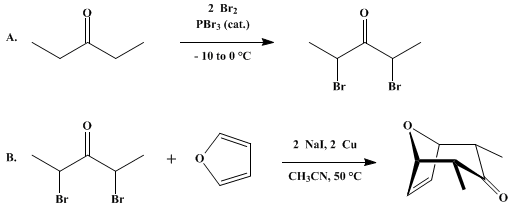 Reaction equation for BICYCLIC KETONES FOR THE SYNTHESIS OF TROPINOIDS: 2α,4α-DIMETHYL-8-OXABICYCLO[3.2.1]OCT-6-EN-3-ONE (8-Oxabicyclo[3.2.1]oct-6-en-3-one, 2α,4α-dimethyl-)