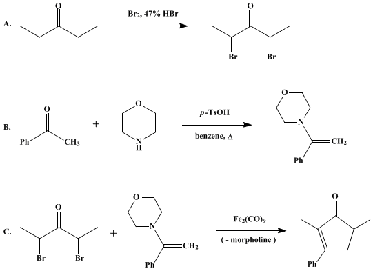 Reaction equation for CYCLOPENTENONES FROM α,α'-DIBROMOKETONES AND ENAMINES: 2,5-DIMETHYL-3-PHENYL-2-CYCLOPENTEN-1-ONE (2-Cyclopenten-1-one, 2,5-dimethyl-3-phenyl-)