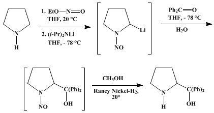 Reaction equation for NUCLEOPHILIC α-sec-AMINOALKYLATION: 2-(DIPHENYLHYDROXYMETHYL)PYRROLIDINE (2-Pyrrolidinemethanol, α,α-diphenyl-, (±)-)