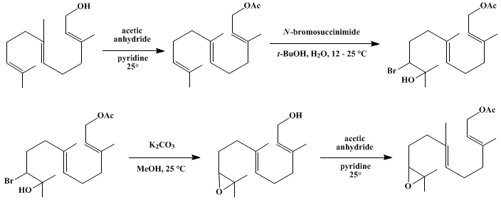 Reaction equation for SELECTIVE EPOXIDATION OF TERMINAL DOUBLE BONDS: 10,11-EPOXYFARNESYL ACETATE (2,6-Nonadien-1-ol, 9-(3,3-dimethyloxiranyl)-3,7-dimethyl-, acetate, (E,E)-)