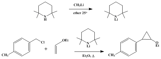 Reaction equation for CARBENE GENERATION BY α-ELIMINATION WITH LITHIUM 2,2,6,6-TETRAMETHYLPIPERIDIDE: 1-ETHOXY-2-p-TOLYLCYCLOPROPANE (Benzene, 1-(2-ethoxycyclopropyl)-4-methyl)