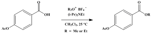 Reaction equation for ESTERIFICATION OF CARBOXYLIC ACIDS WITH TRIALKYLOXONIUM SALTS: ETHYL AND METHYL 4-ACETOXYBENZOATES (Benzoic acid, 4-(acetyloxy)-, ethyl and methyl esters)