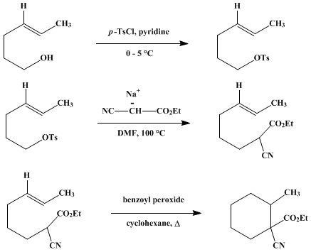 Reaction equation for FREE-RADICAL CYCLIZATION: ETHYL 1-CYANO-2-METHYLCYCLOHEXANECARBOXYLATE (Cyclohexanecarboxylic acid, 1-cyano-2-methyl-, ethyl ester)