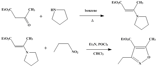 Reaction equation for A GENERAL SYNTHESIS OF 4-ISOXAZOLECARBOXYLIC ESTERS: ETHYL 3-ETHYL-5-METHYL-4-ISOXAZOLECARBOXYLATE (4-Isoxazolecarboxylic acid, 3-ethyl-5-methyl-, ethyl ester)