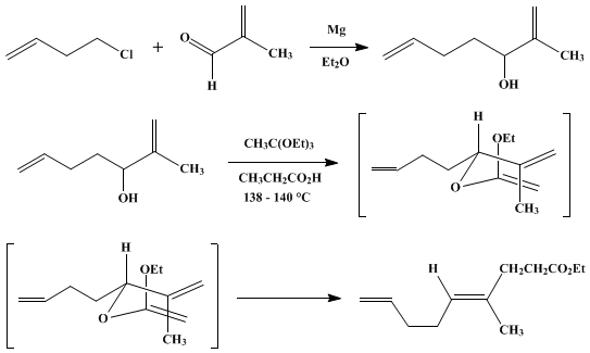 Reaction equation for STEREOSELECTIVE SYNTHESIS OF TRISUBSTITUTED OLEFINS: ETHYL 4-METHYL-(E)-4,8-NONADIENOATE (4,8-Nonadienoic acid, 4-methyl, ethyl ester, trans-)