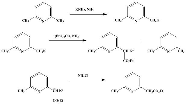 Reaction equation for METALATION OF 2-METHYLPYRIDINE DERIVATIVES: ETHYL 6-METHYLPYRIDINE-2-ACETATE (Pyridineacetic acid, 6-methyl-, ethyl ester)