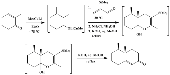 Reaction equation for 3-TRIMETHYLSILYL-3-BUTEN-2-ONE AS MICHAEL ACCEPTOR FOR CONJUGATE ADDITION-ANNELATION: cis-4,4a,5,6,7,8-HEXAHYDRO-4a,5-DIMETHYL-2(3H)-NAPHTHALENONE (2(3H)-Napthalenone, 4,4a,5,6,7,8-hexahydro-, 4a,5-dimethyl-, cis-, (±)-)